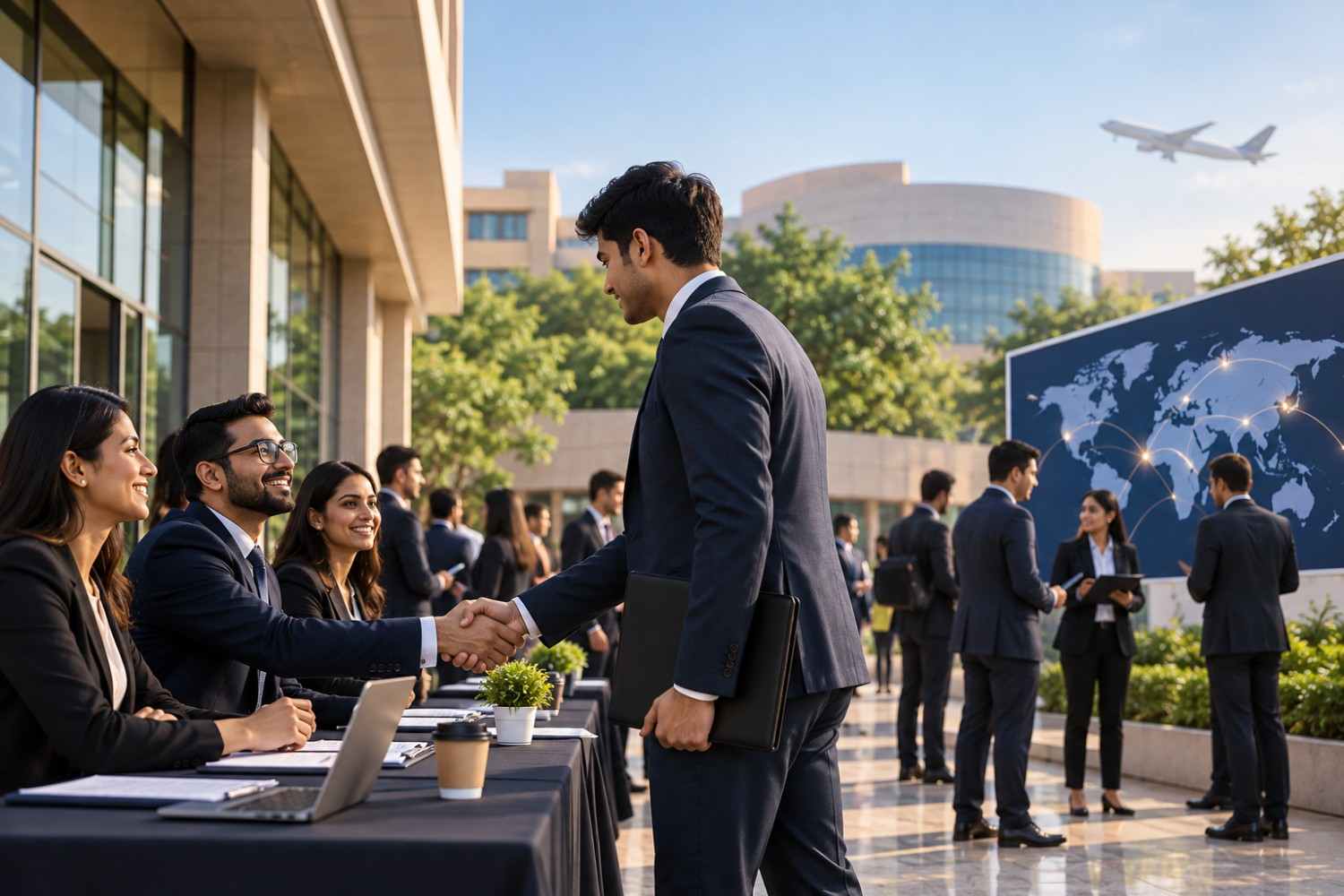 ISB MBA students and recruiters networking at a campus placement event, with interviews, handshakes and global hiring activity representing strong 2026 placements.